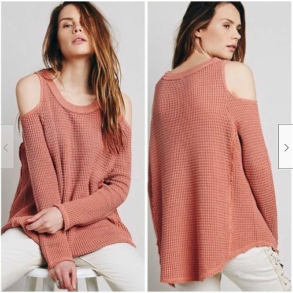 Free People Rust Pure Cotton Moonshine Cold Shoulder Knit V-Neck Thermal Sweater - Picture 1 of 10